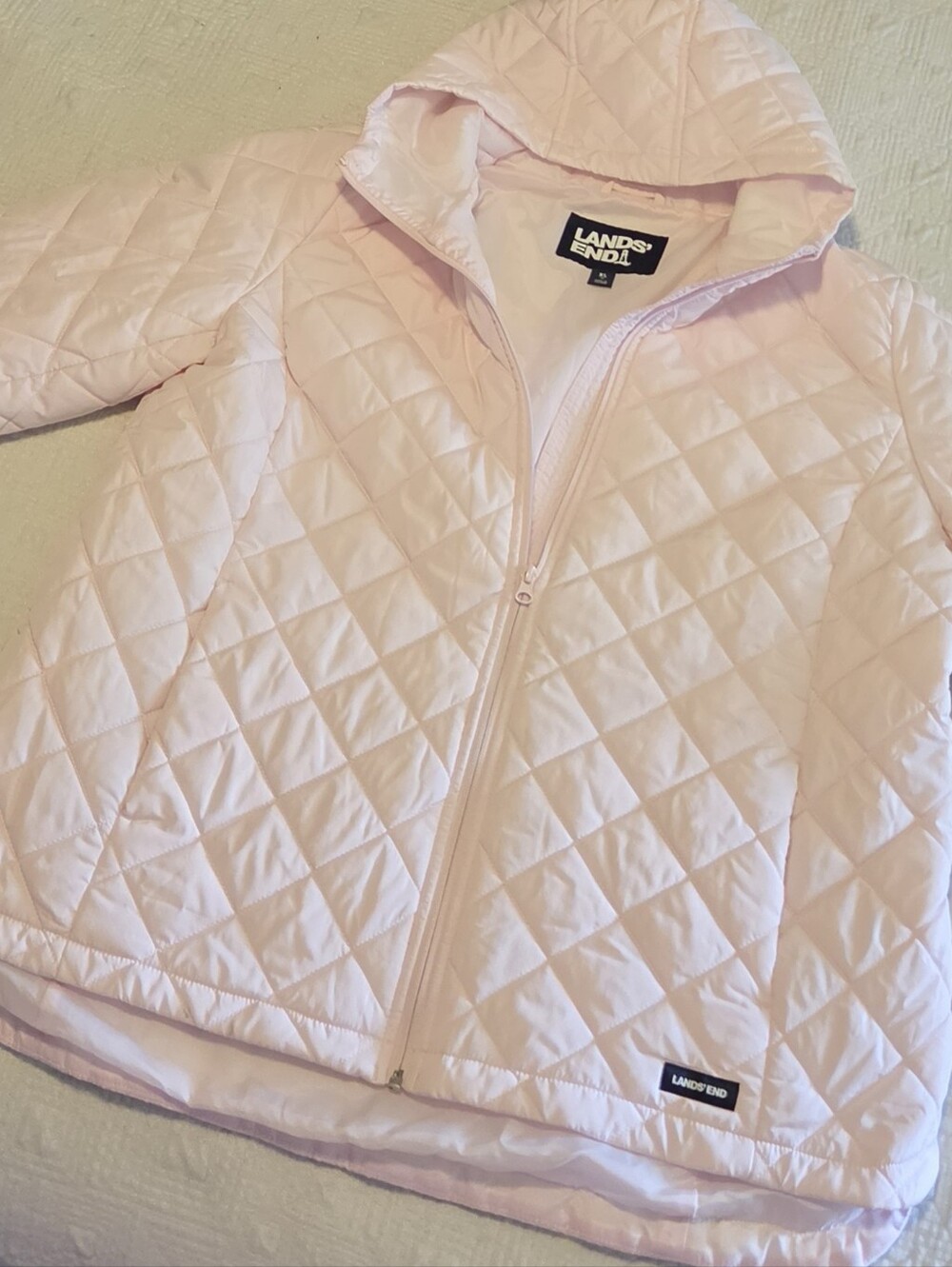 Lands' End Hooded Diamond-Quilted Jacket In Light Pink, Size XL